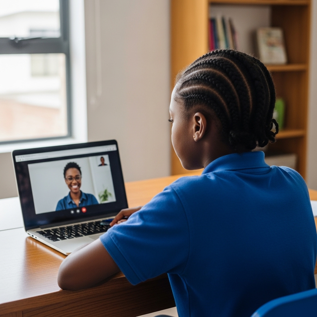 Young African girl engaged in online learning session with tutor on laptop